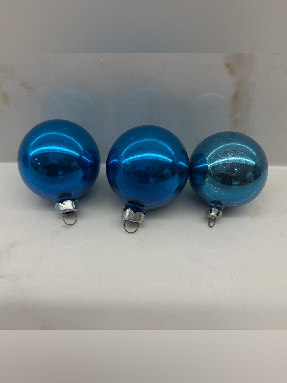 3 Vintage Blue Mercury Glass Shiny Ball Christmas Ornament Made in USA & Poland